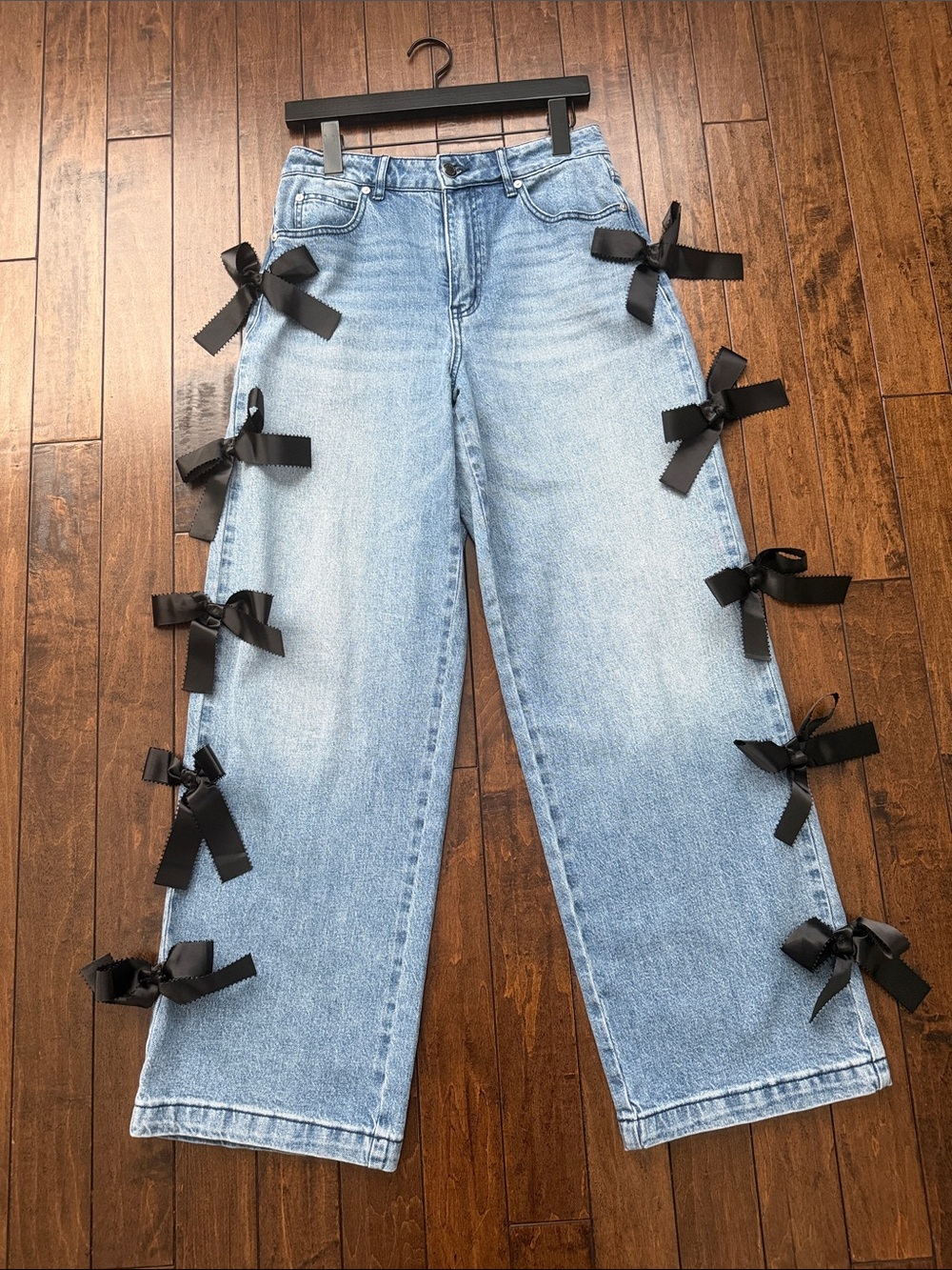 Avec Les Filles Light Blue Wide-Leg Jeans with Black Side Bows - Picture 3 of 5